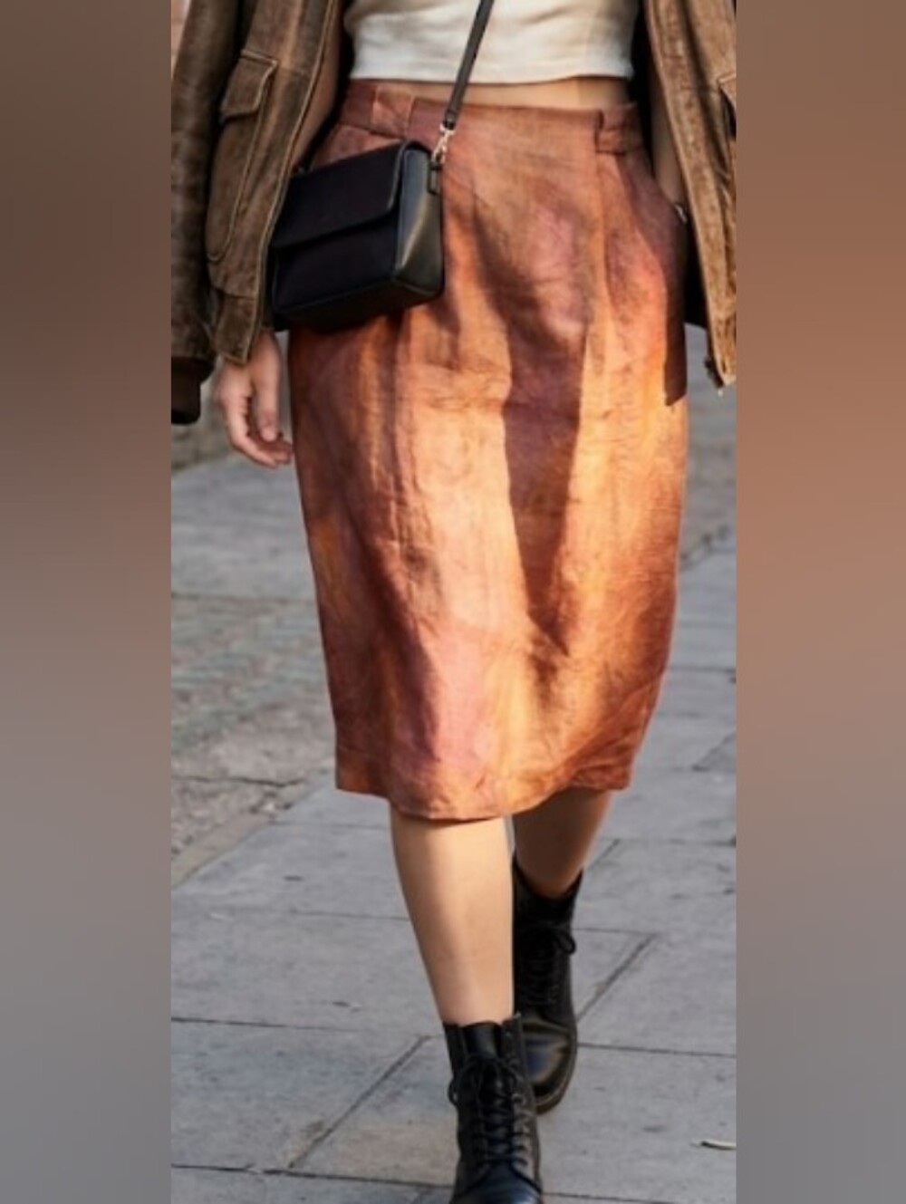 Ports Vintage Linen Blend Copper Midi Skirt (Sz 12)  Sleek Urban Pencil 80's Lux